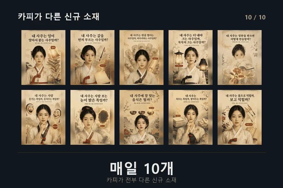 서로 다른 카피로 만든 신규 광고 소재 10개가 배열된 화면