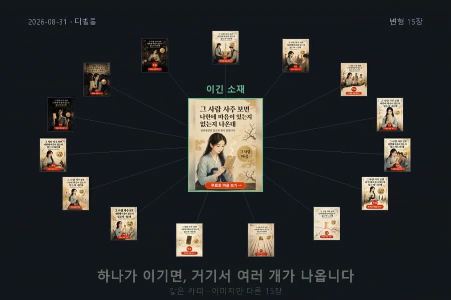 이긴 광고 소재 하나에서 이미지가 다른 여러 변형이 뻗어 나가는 화면