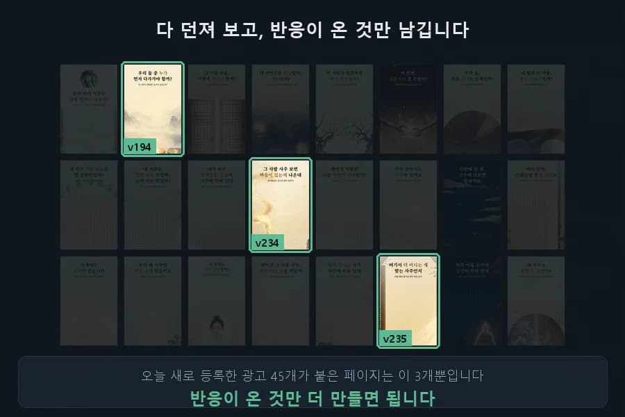 여러 랜딩페이지 중 반응이 온 v194, v234, v235 세 장을 강조한 화면