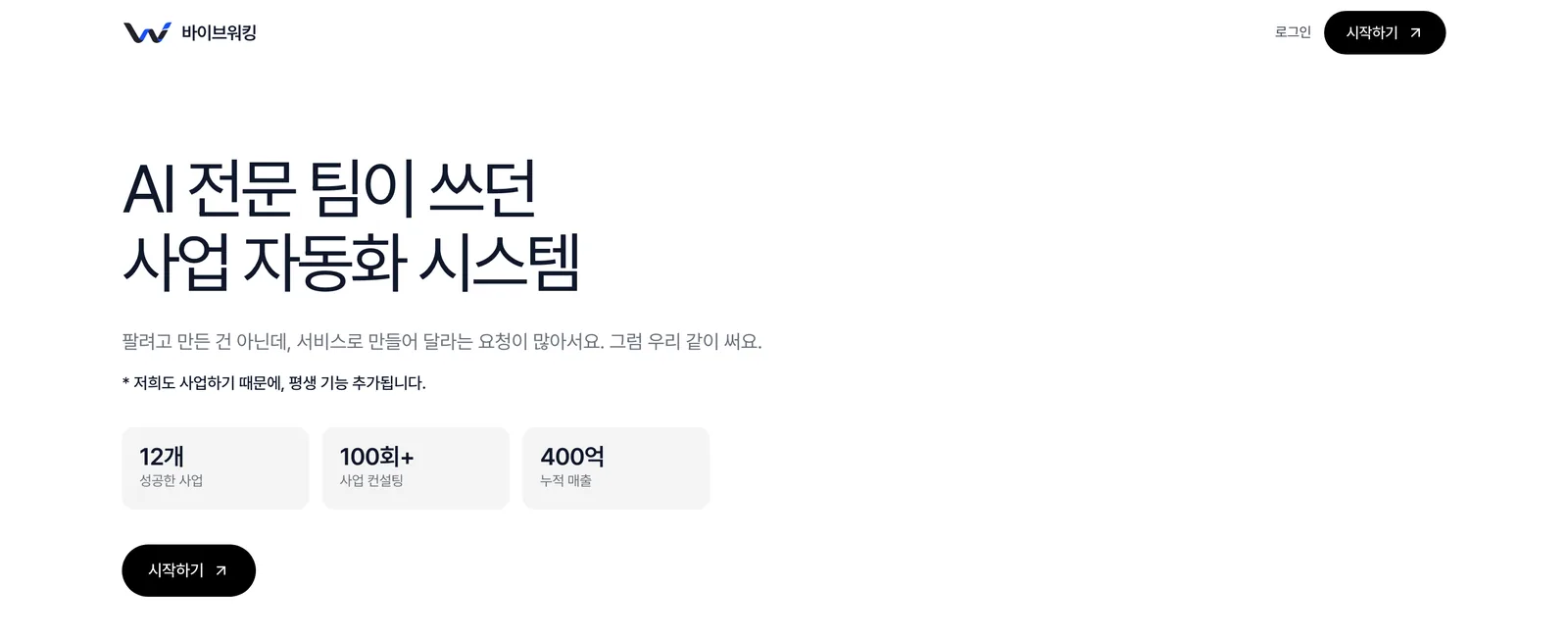바이브워킹 홈페이지에 공개된 사업 자동화 소개와 지표